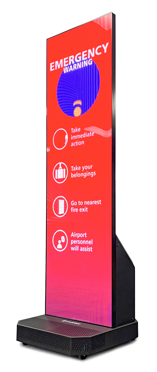 LookHear dual visual and audio digital signage with emergency warning on screen for transportation facilities